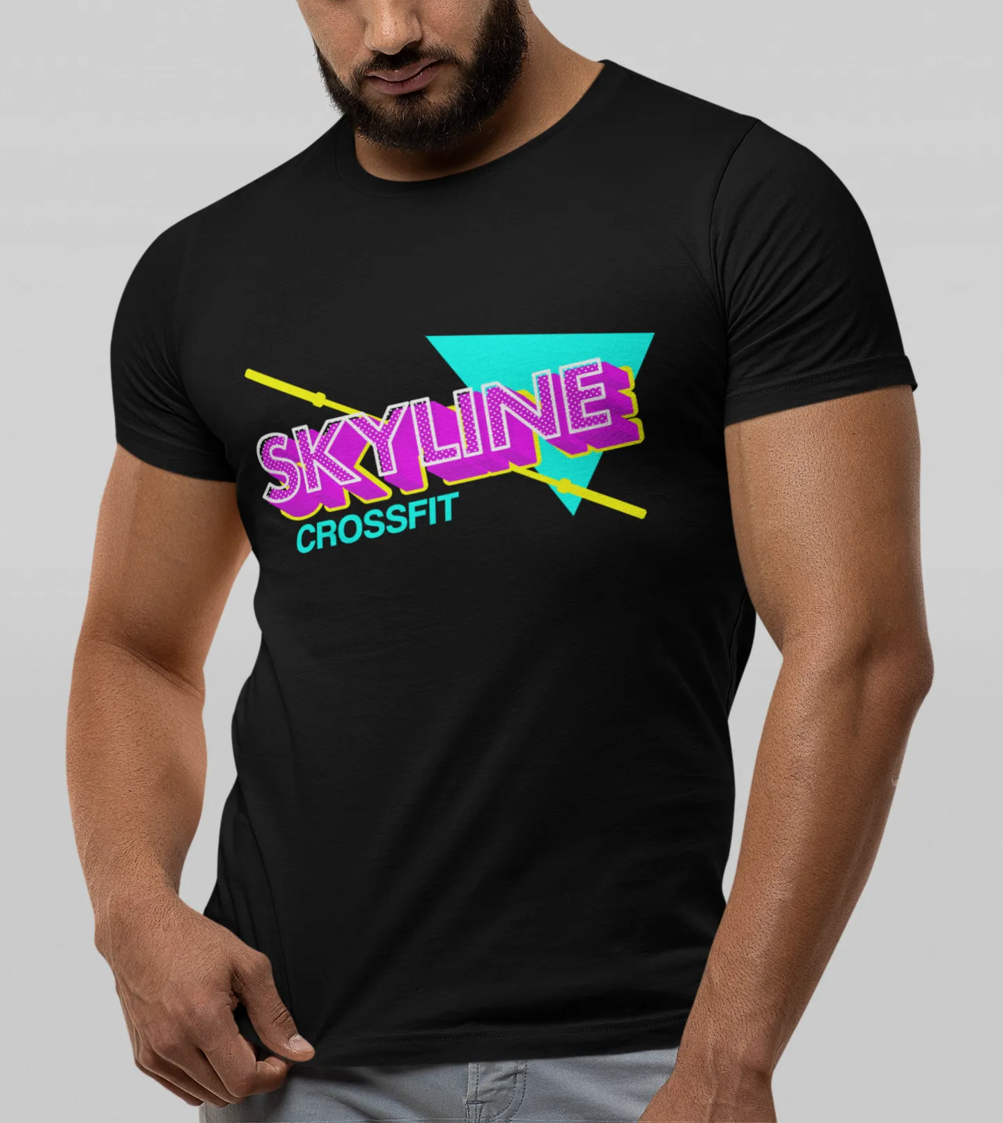 A retro nineties-style Skyline CrossFit design on a black tee.