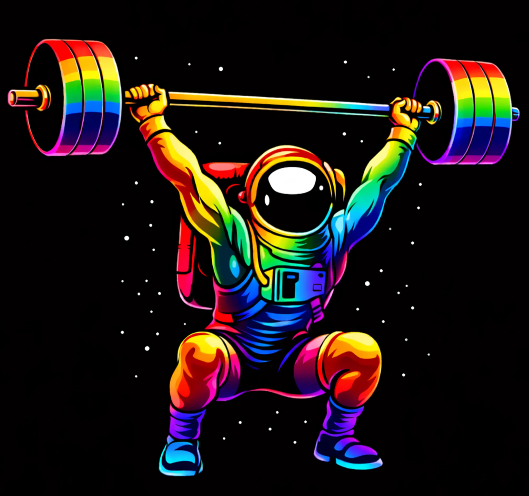 A colourful astronaut performing a snatch, printed for a Skyline CrossFit tee.