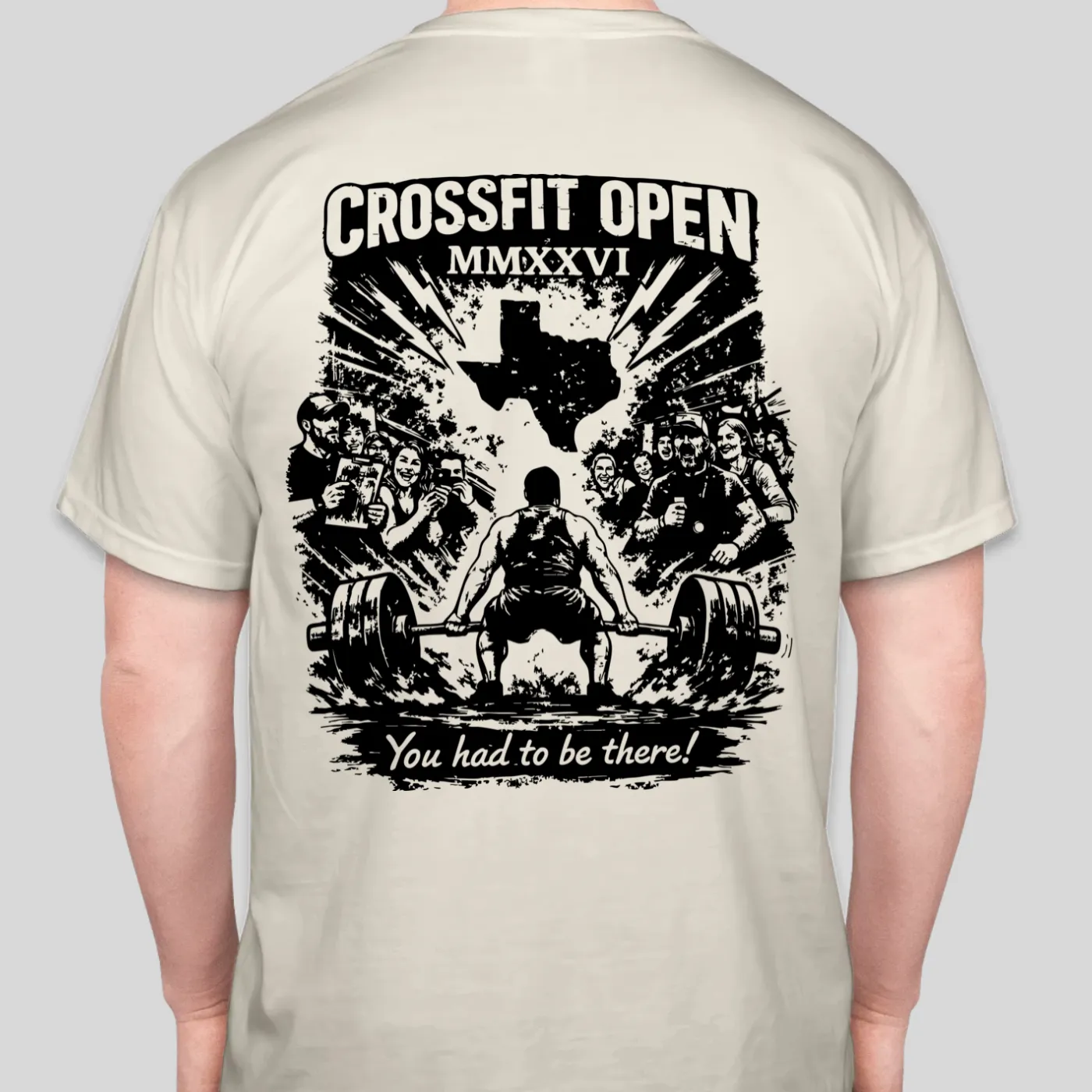 A CrossFit Open design on a cream tee.