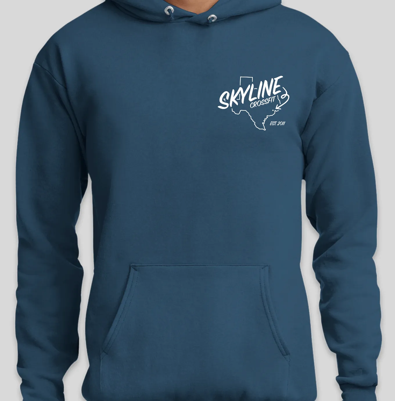 A Skyline CrossFit Texas script on a navy hoodie.