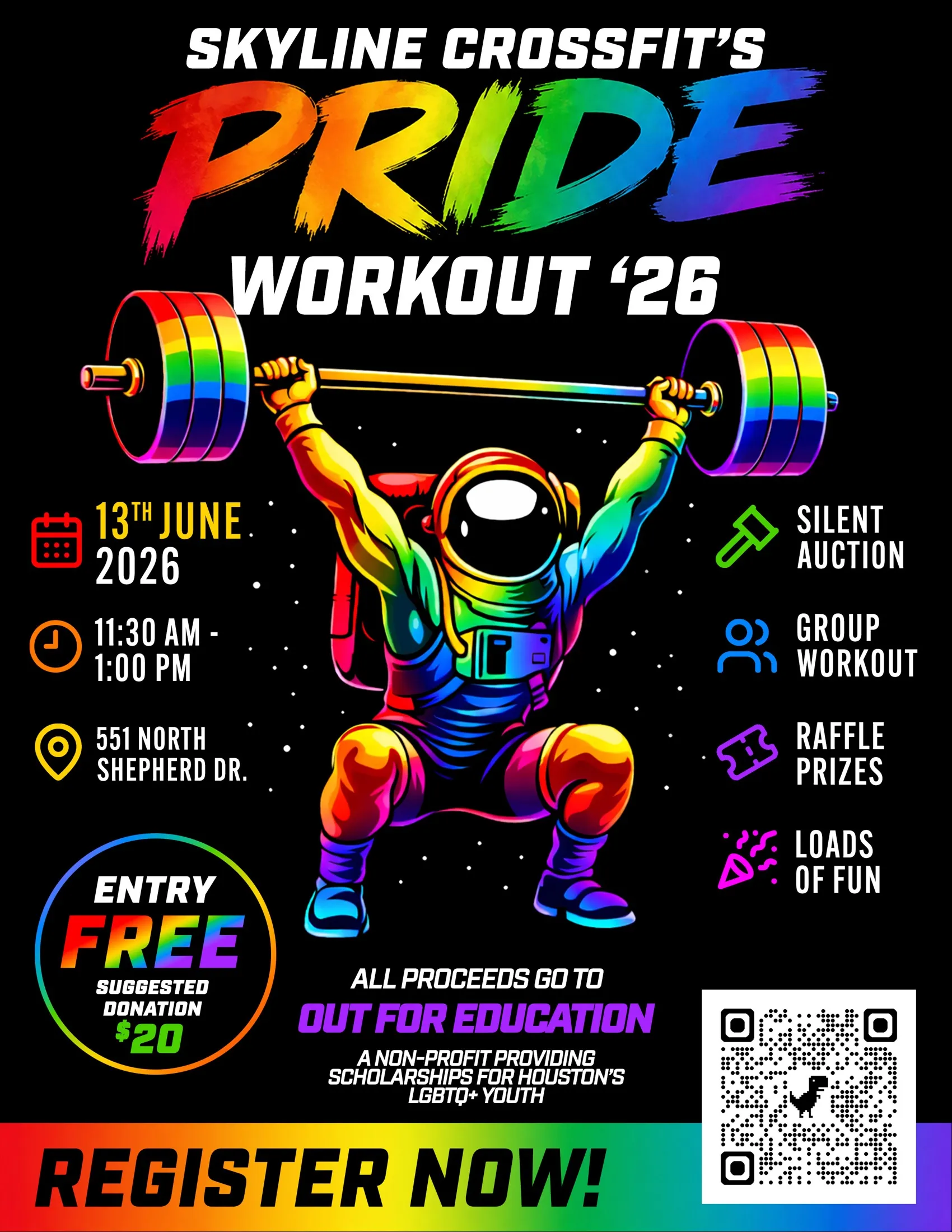 An event poster for Skyline CrossFit's Pride Workout 2026.