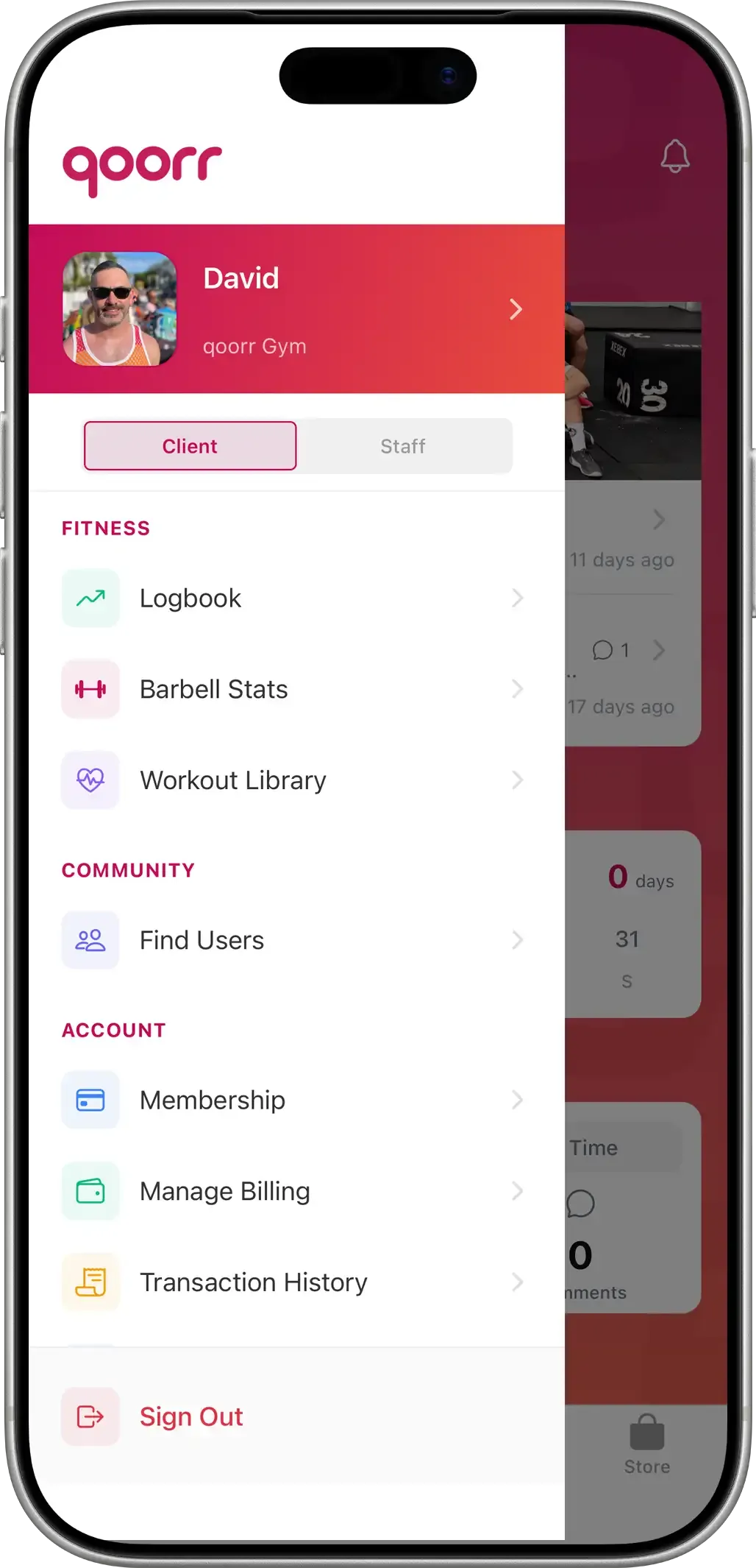 The qoorr member app menu on iPhone, with fitness, community, and account sections.