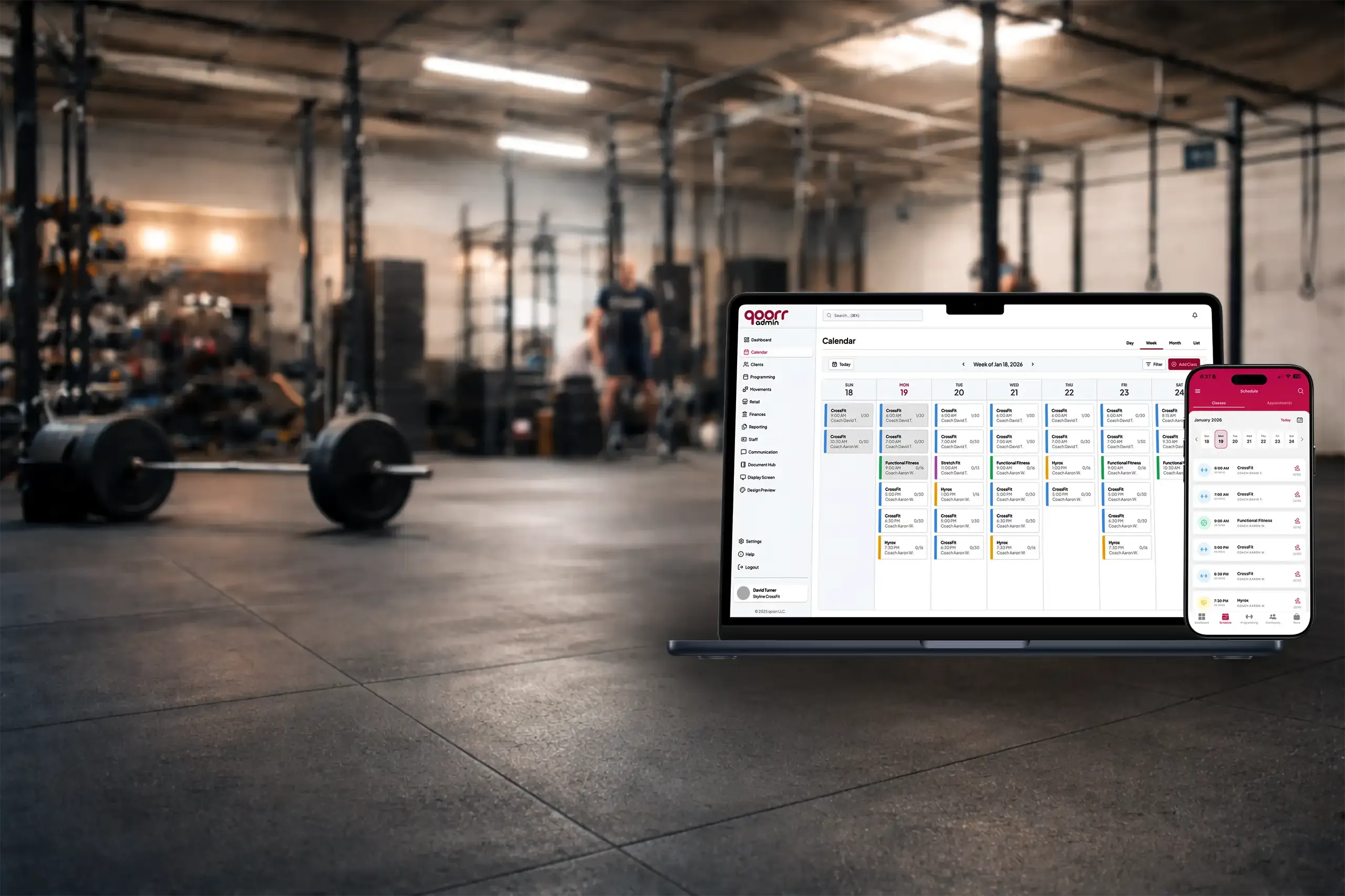 The qoorr platform on a laptop and phone in a gym, showing the class calendar.