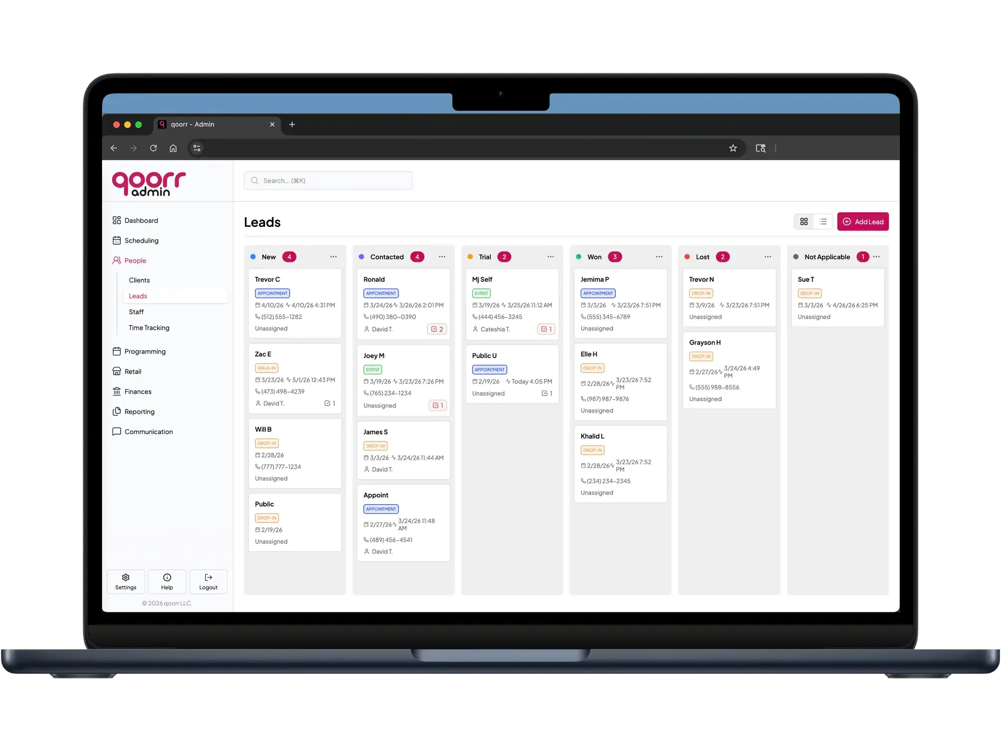 The qoorr admin leads board, a pipeline of gym enquiries grouped by stage.