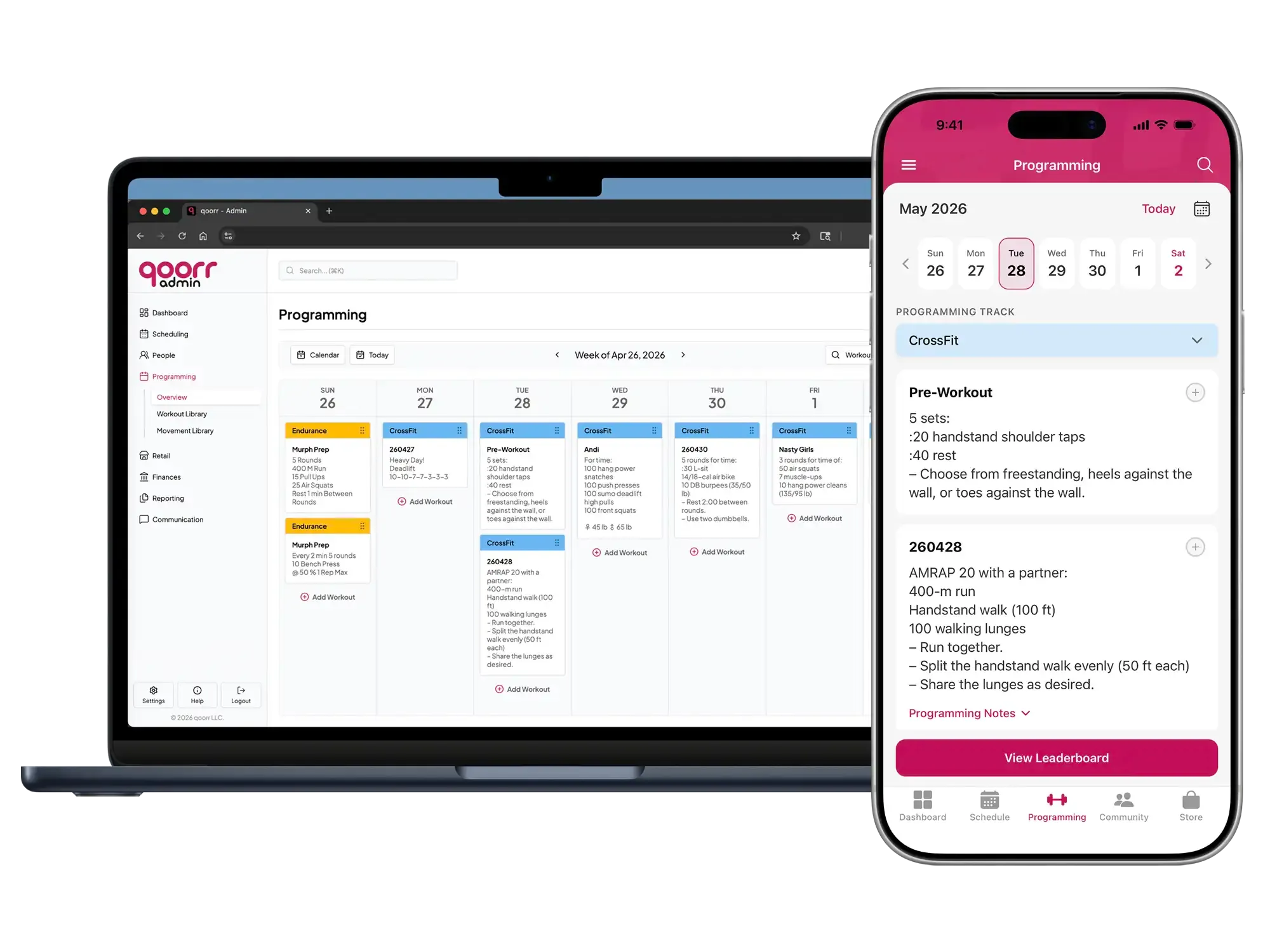 The qoorr platform on a MacBook and iPhone, showing the class programming view.