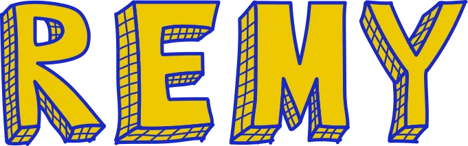 The Remy wordmark logo in yellow with a blue outline.