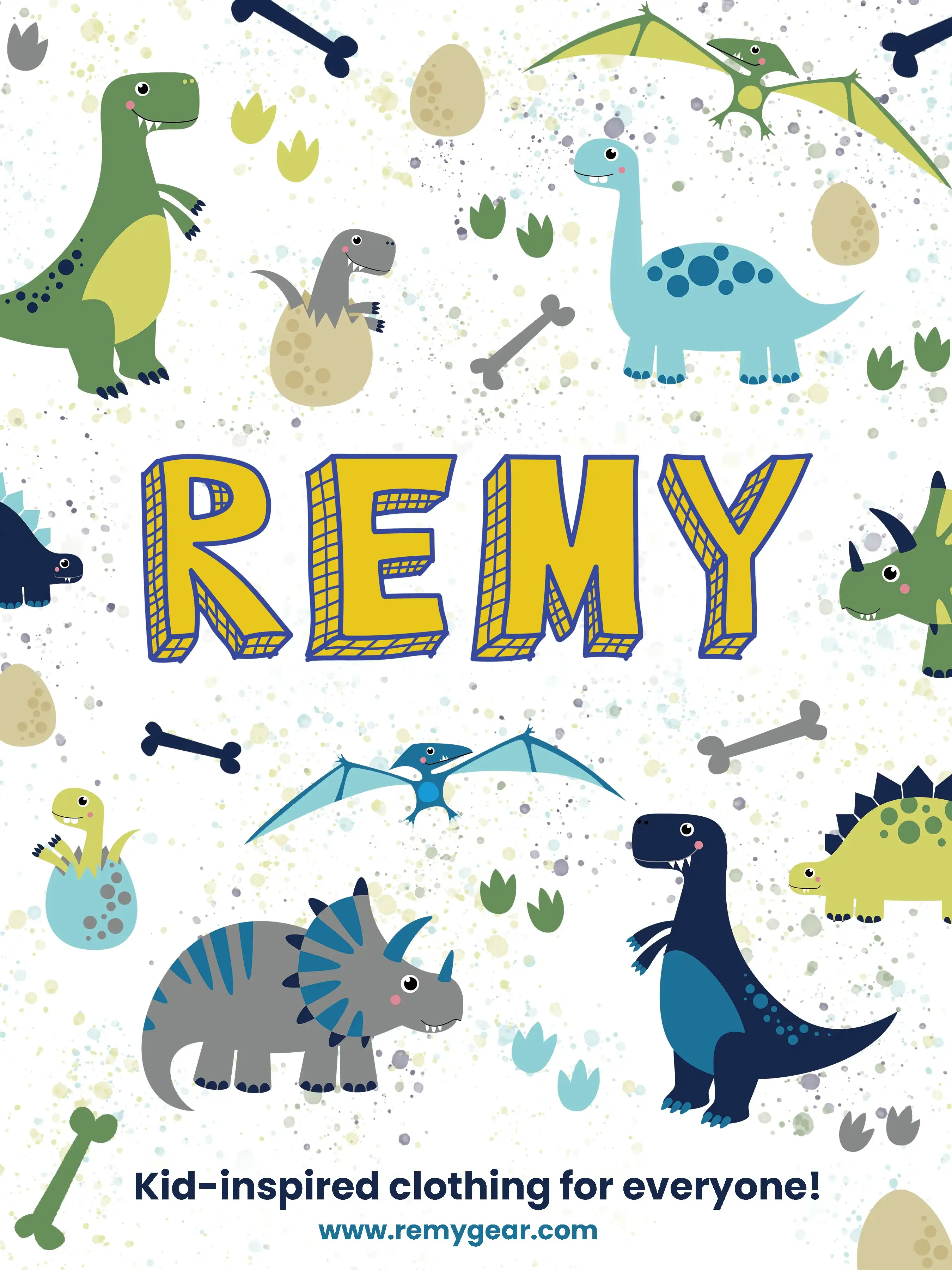 Remy packaging, a dinosaur-patterned mailer with the Remy logo.