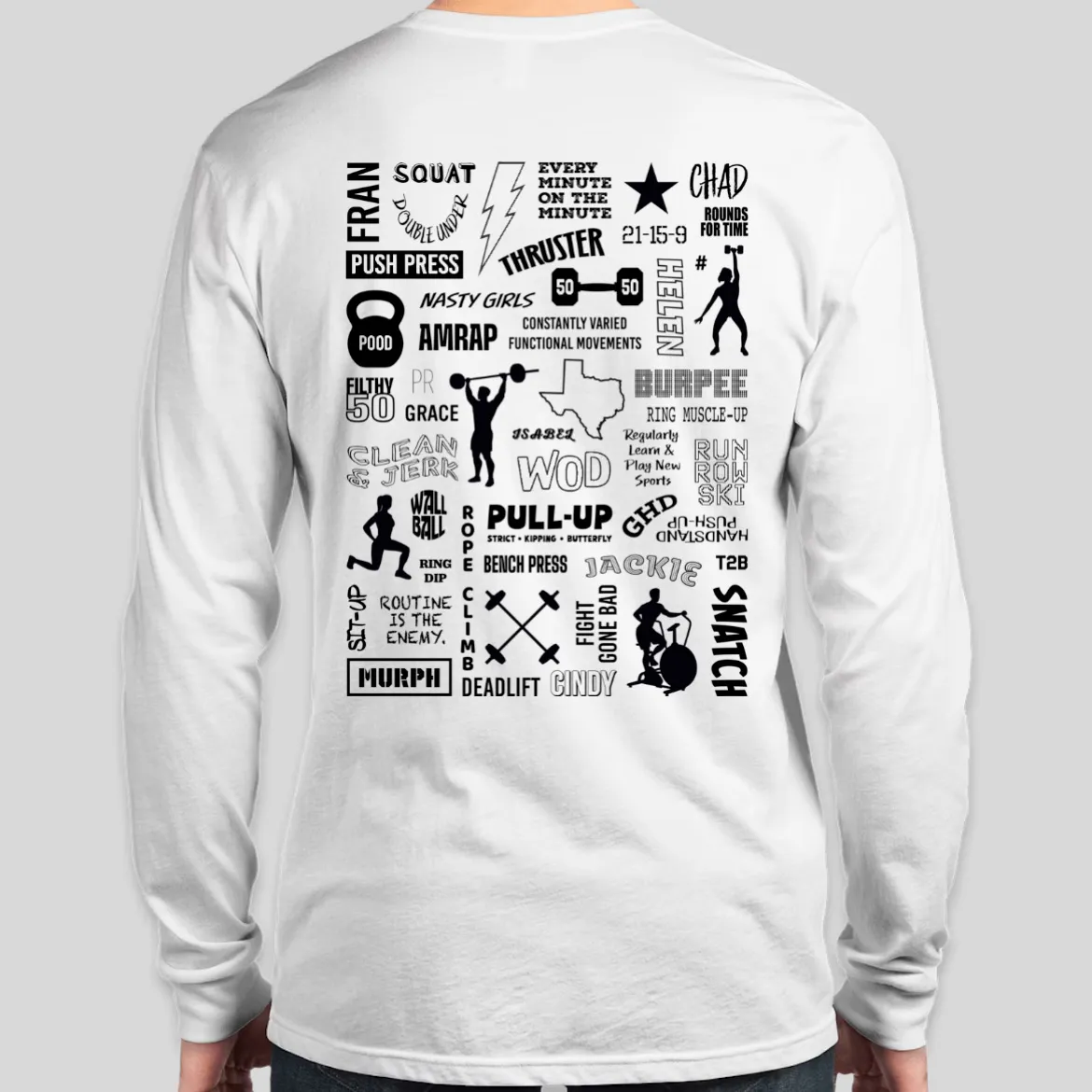 A long-sleeve tee with a collage of CrossFit workout names.